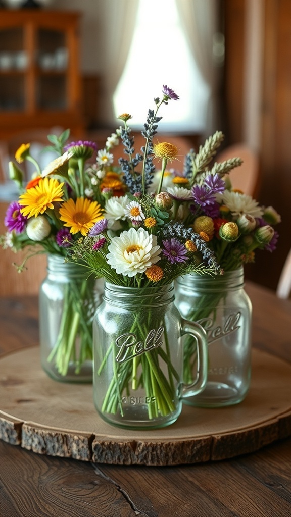 Rustic mason jar centerpieces filled with colorful wildflowers