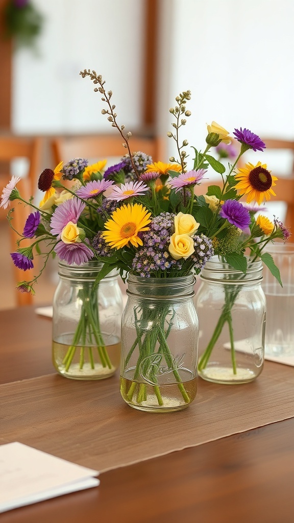Colorful flowers arranged in rustic mason jars on a wooden table.