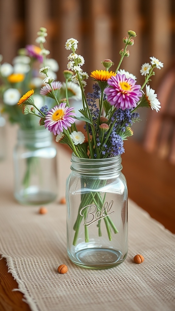 Rustic mason jar centerpieces with colorful wildflowers on a wooden table.