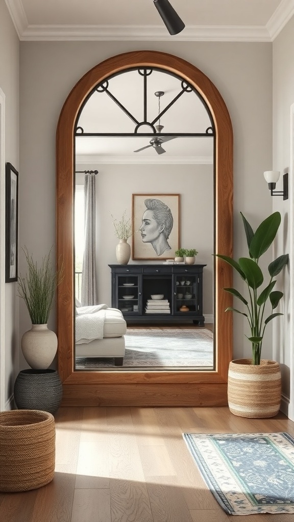A rustic arched mirror with a wooden frame in a cozy entryway, surrounded by plants and decorative baskets.