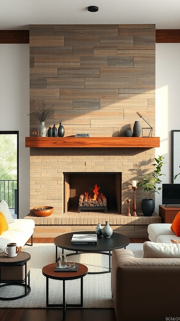 A rustic modern fireplace with a stone wall and wooden mantel, surrounded by cozy furniture.