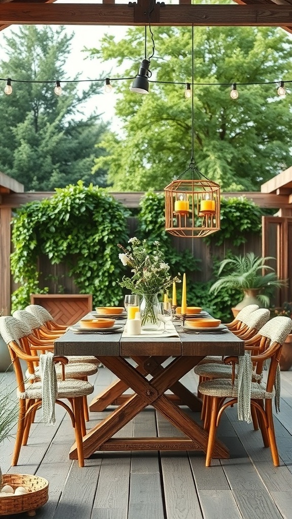 A rustic outdoor dining area featuring a wooden table, comfortable chairs, string lights, and a floral centerpiece.
