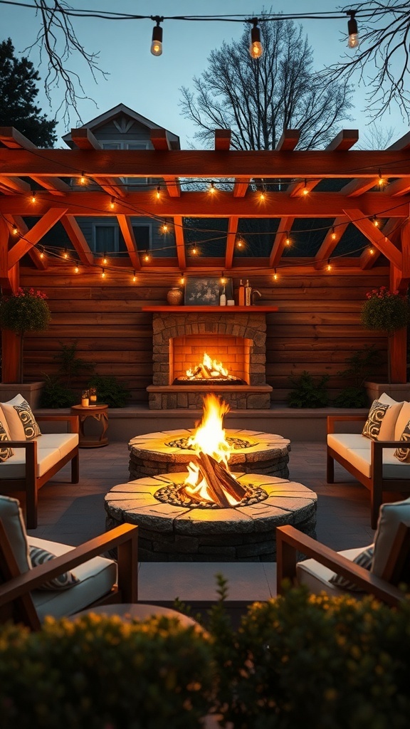 A rustic outdoor fire pit area with string lights, wooden beams, and comfortable seating.