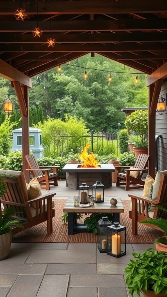 Cozy rustic outdoor space with wooden chairs, a fire pit, and greenery.
