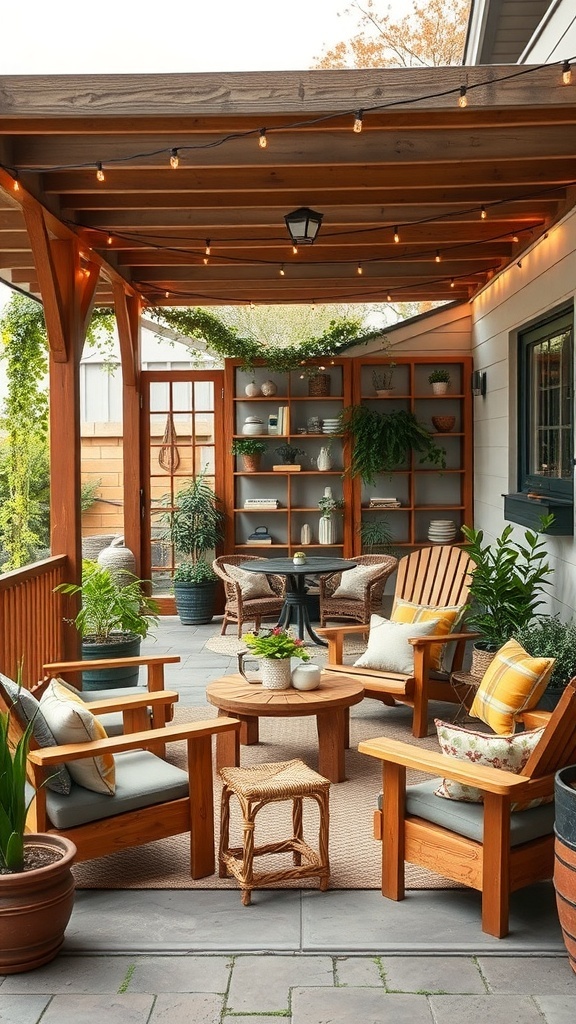 Cozy rustic outdoor patio with wooden furniture, plants, and string lights