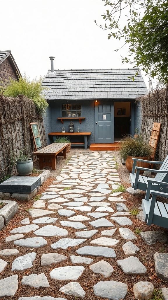 A rustic stone pathway leading to a cozy blue cottage, surrounded by greenery and wooden benches.