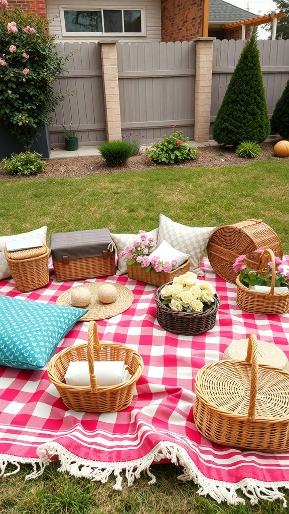 A rustic picnic setup with a pink and white checkered blanket, woven baskets, and decorative pillows in a backyard.