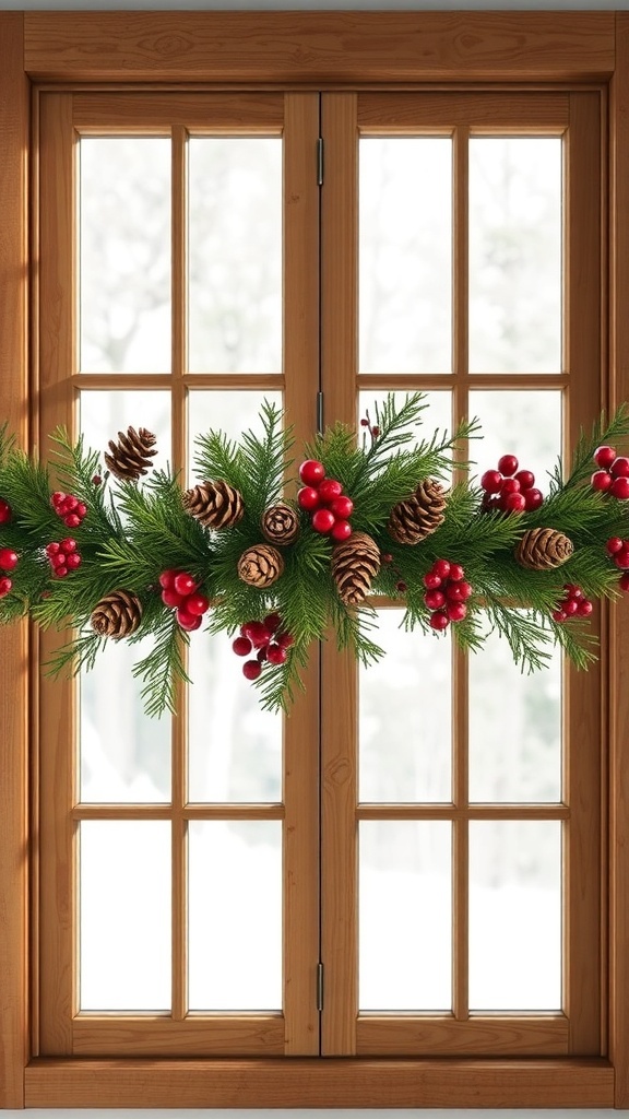 A rustic pinecone and berry garland hanging over a window, with a snowy landscape outside.