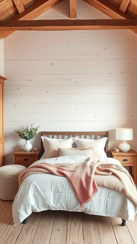 A cozy rustic bedroom featuring a pink and white color scheme with wooden beams and natural textures.