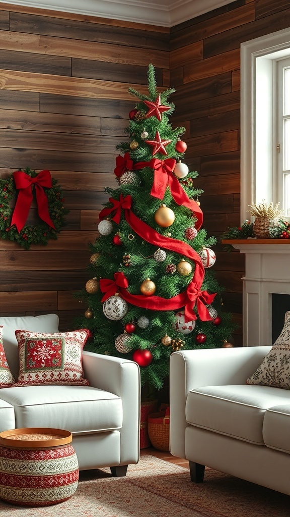 A rustic Christmas tree decorated with red ribbons and ornaments in a cozy living room.