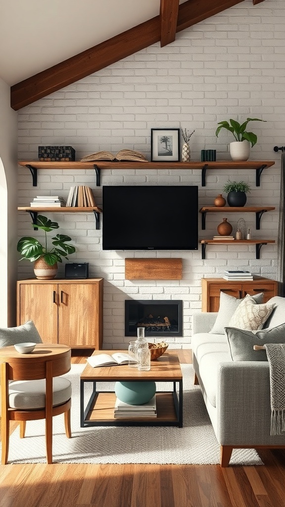 A rustic living room featuring wooden shelves, a white brick wall, and cozy furniture.