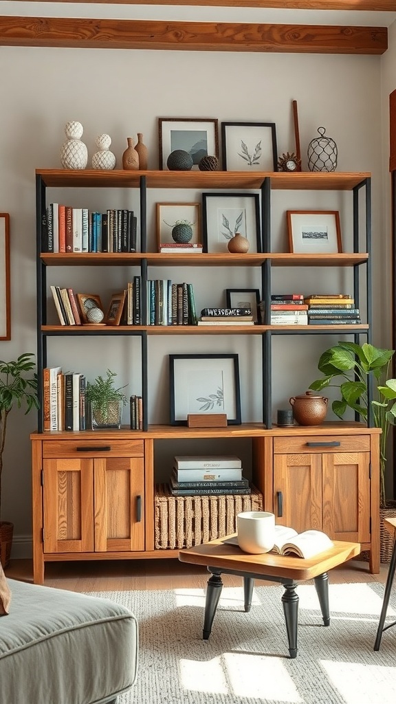 A rustic shelving unit made of wood and metal, filled with books and decorative items.