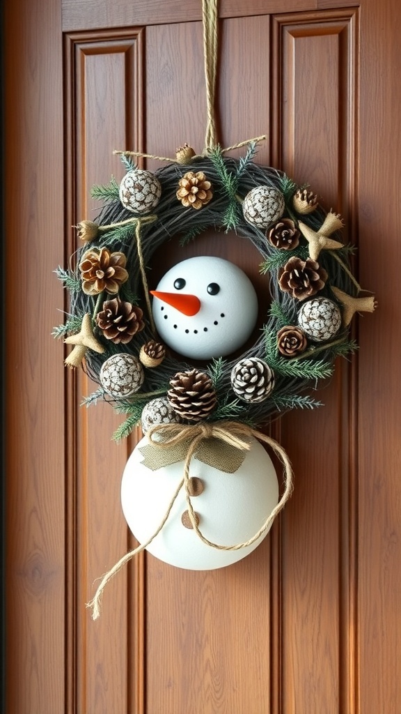 A rustic snowman wreath featuring pinecones and greenery, hanging on a wooden door.