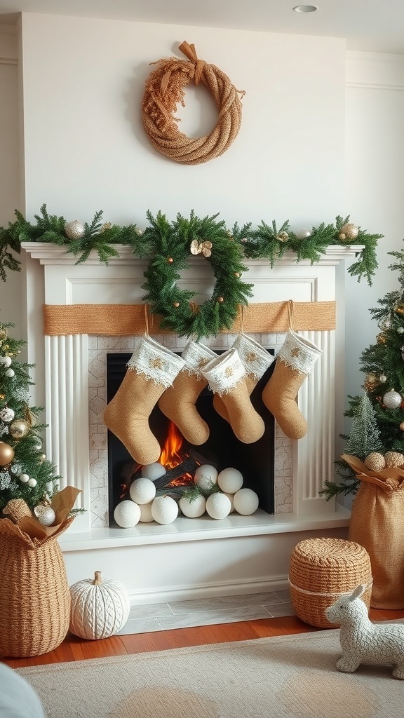 A cozy fireplace decorated with rustic stockings, greenery, and festive accents.