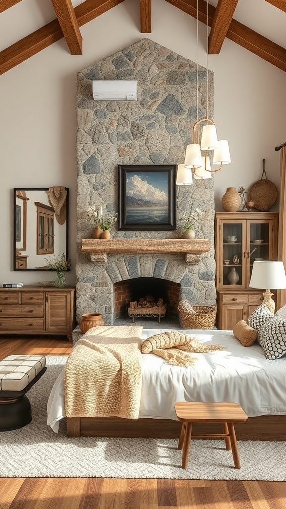 A rustic bedroom featuring a stone fireplace, wooden beams, and cozy decor.
