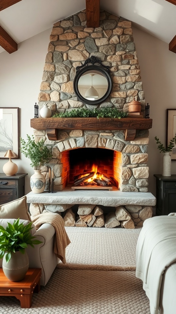 A cozy rustic stone fireplace in a romantic cottage bedroom, featuring a wooden mantel and a round mirror above it.