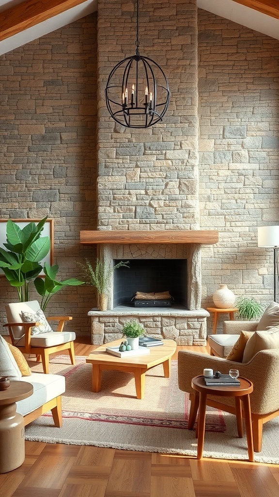 Living room featuring a rustic stone wall with a fireplace, wooden furniture, and plants.