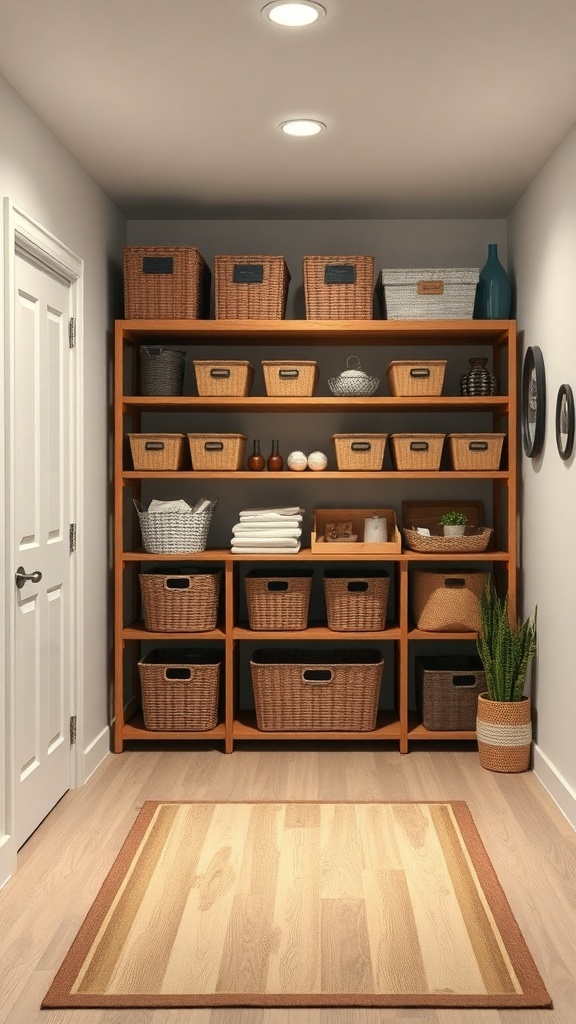 Rustic storage solutions with wooden shelving and woven baskets in a basement.