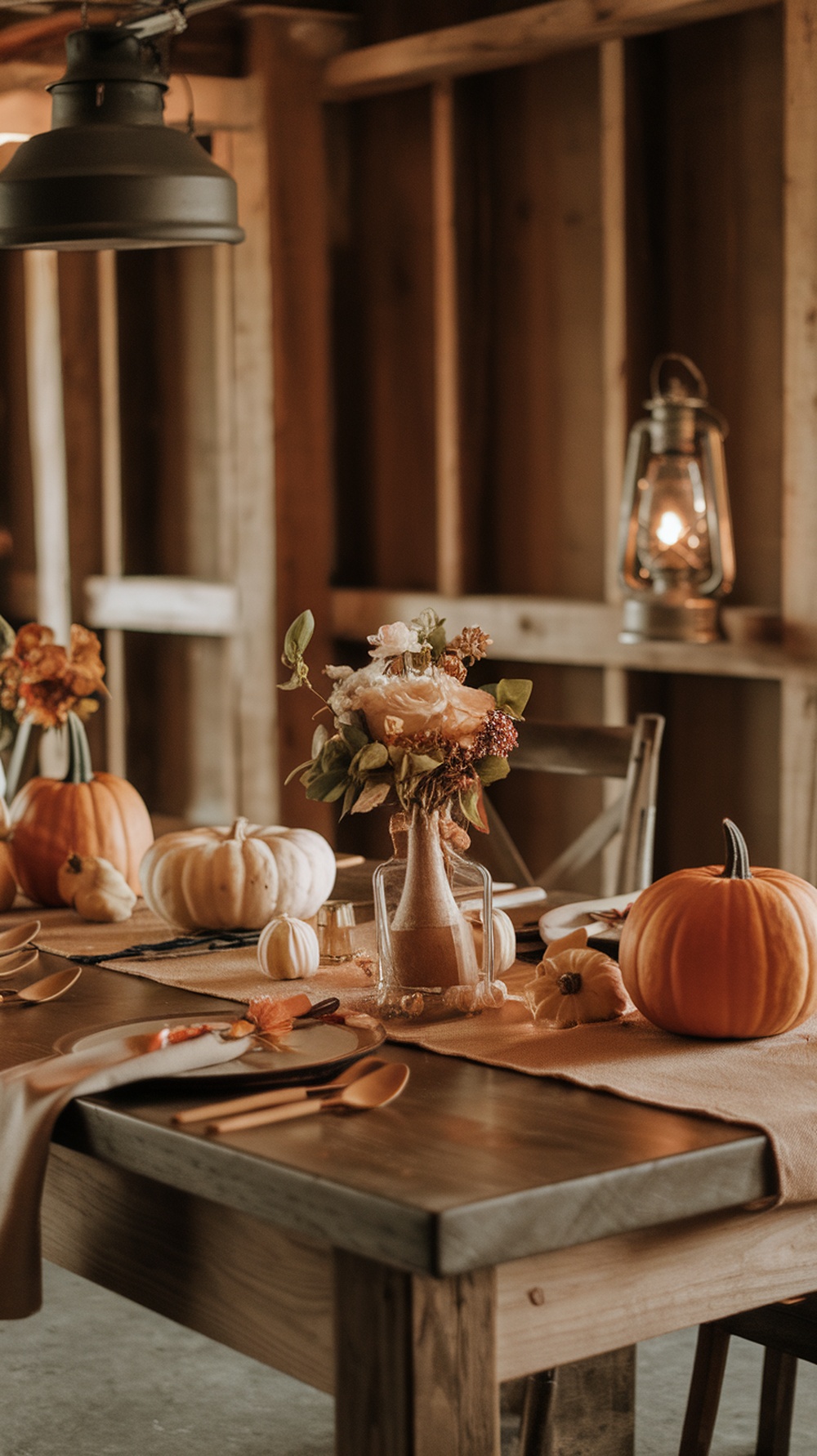 A rustic Thanksgiving table setting with pumpkins, flowers, and warm lighting.
