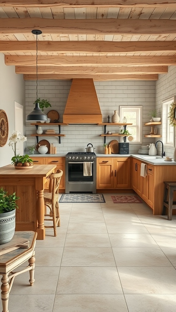 A rustic farmhouse kitchen featuring light-colored tile flooring, wooden cabinets, and exposed beams.