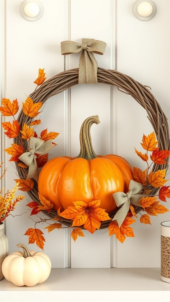 A rustic twine pumpkin wreath with vibrant orange leaves and a pumpkin, showcasing autumn decor.