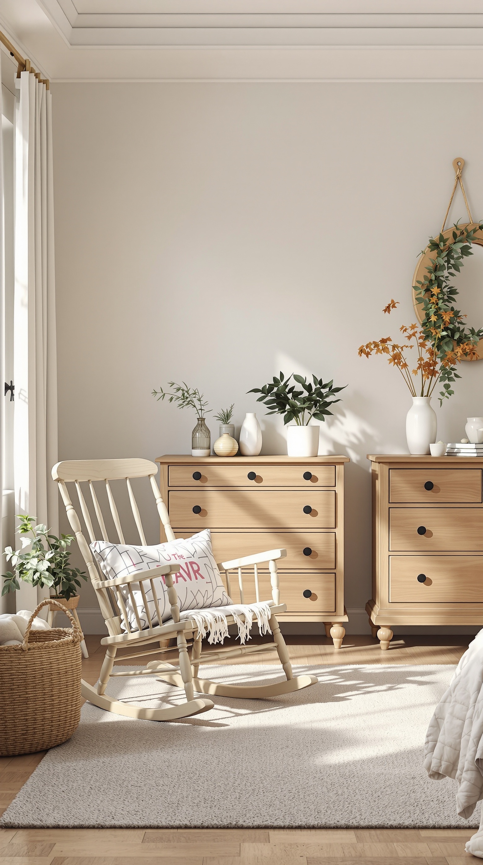 A rustic vintage toddler room featuring light wooden dressers, a cozy rocking chair, and decorative plants.