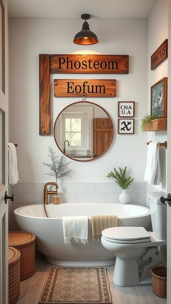 A rustic bathroom featuring wooden wall art, a round mirror, and natural accents.