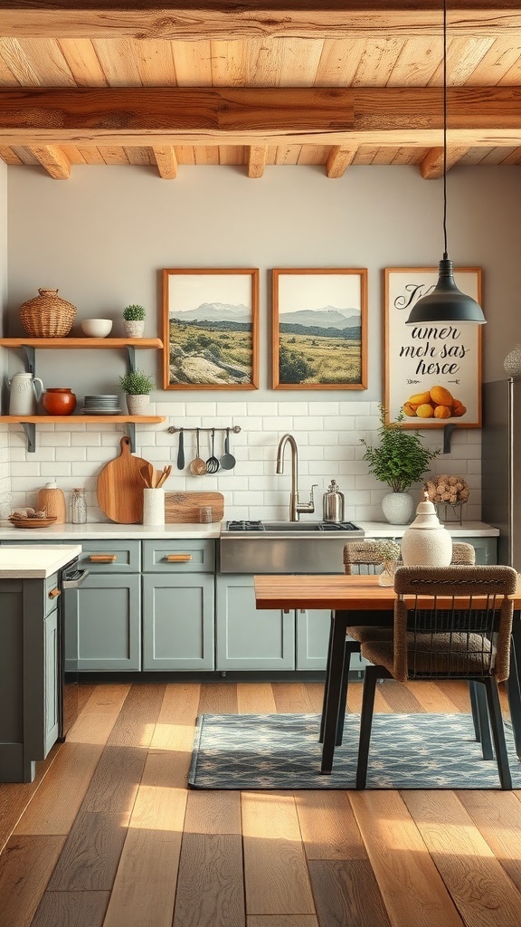 A rustic farmhouse kitchen featuring wall art with landscapes and a quote, enhancing the cozy atmosphere.