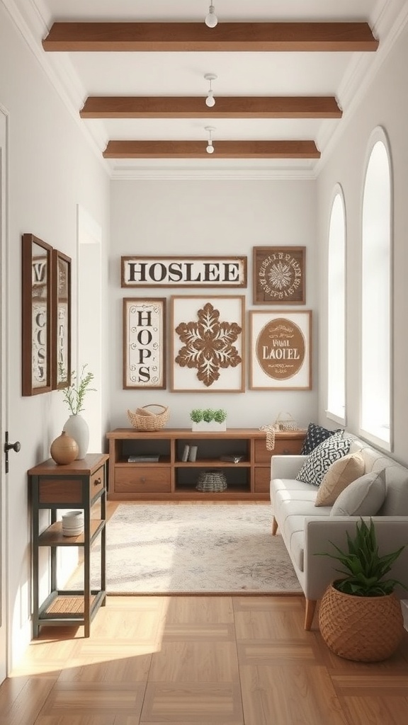 A cozy room featuring rustic wall art with wooden frames and natural decor.
