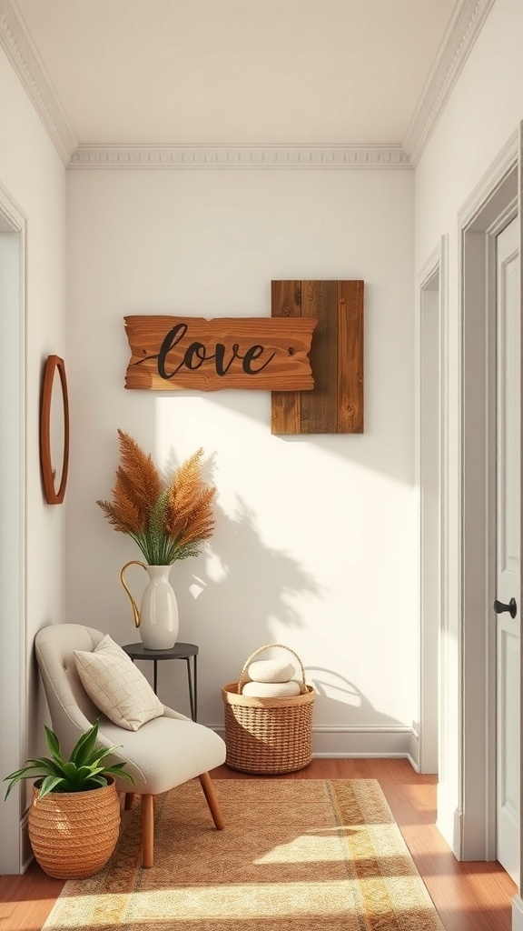 A rustic entryway featuring wooden wall art with the word 'love', a stylish chair, and decorative plants.