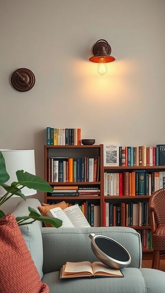 A cozy living room with rustic wall fixtures and a bookshelf.