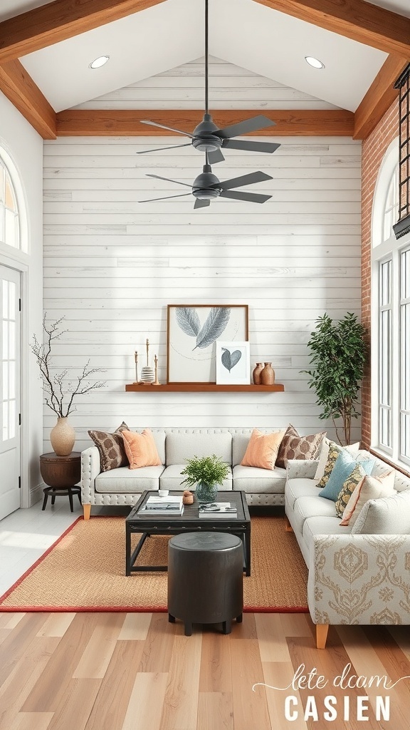 A rustic French country living room with whitewashed wood walls and wooden beams.