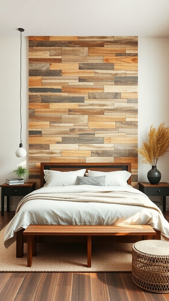 A rustic bedroom featuring a wooden wall treatment, a bed with white linens, and wooden furniture.