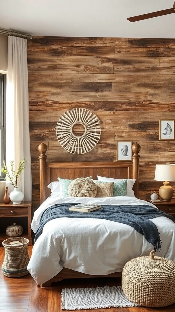A rustic bedroom featuring a wooden wall treatment, wooden bed frame, and natural decor elements.