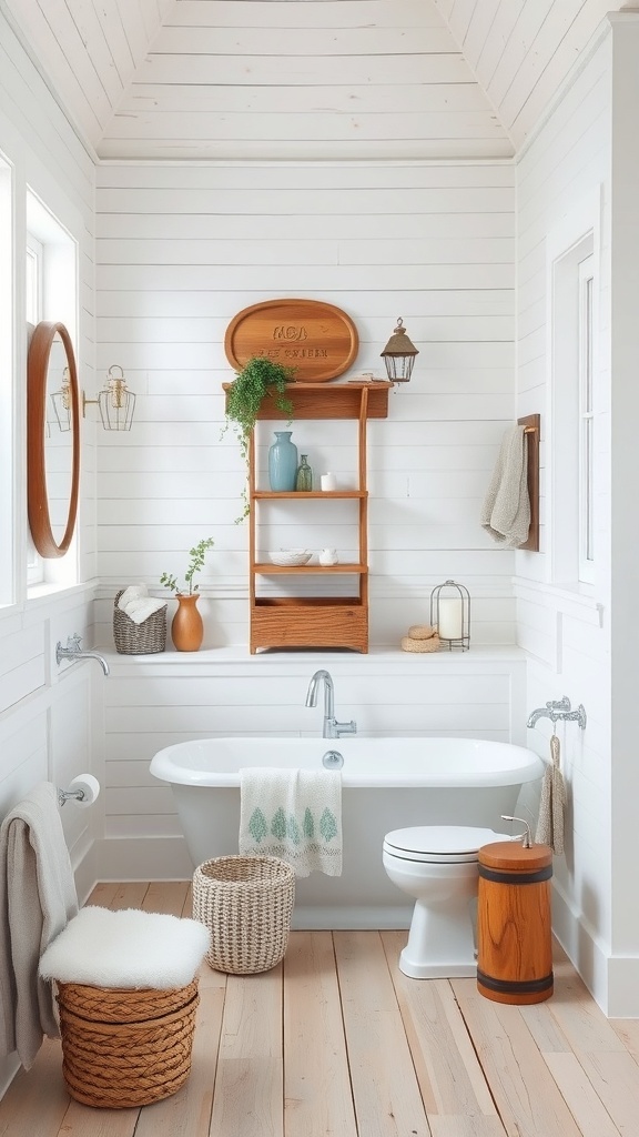 A rustic white farmhouse style bathroom featuring wooden accents, a large bathtub, and natural light.