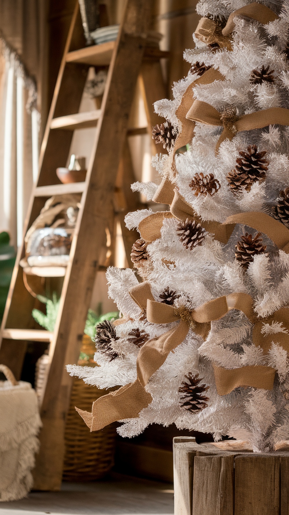 A rustic white Christmas tree decorated with pinecones and burlap ribbons, set in a cozy room with wooden elements.