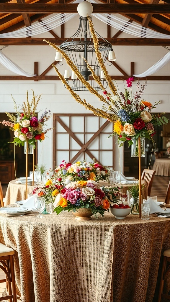 Decorative table setting with wildflowers and rustic elements for a bridal shower.