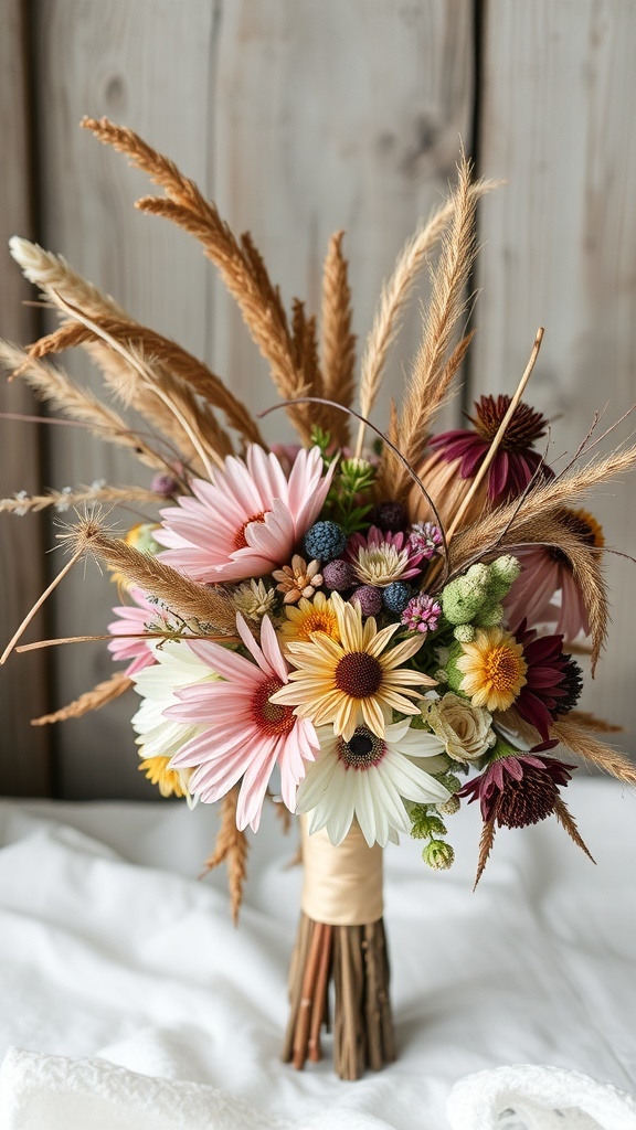 A rustic winter wedding bouquet featuring wildflowers and dried elements.