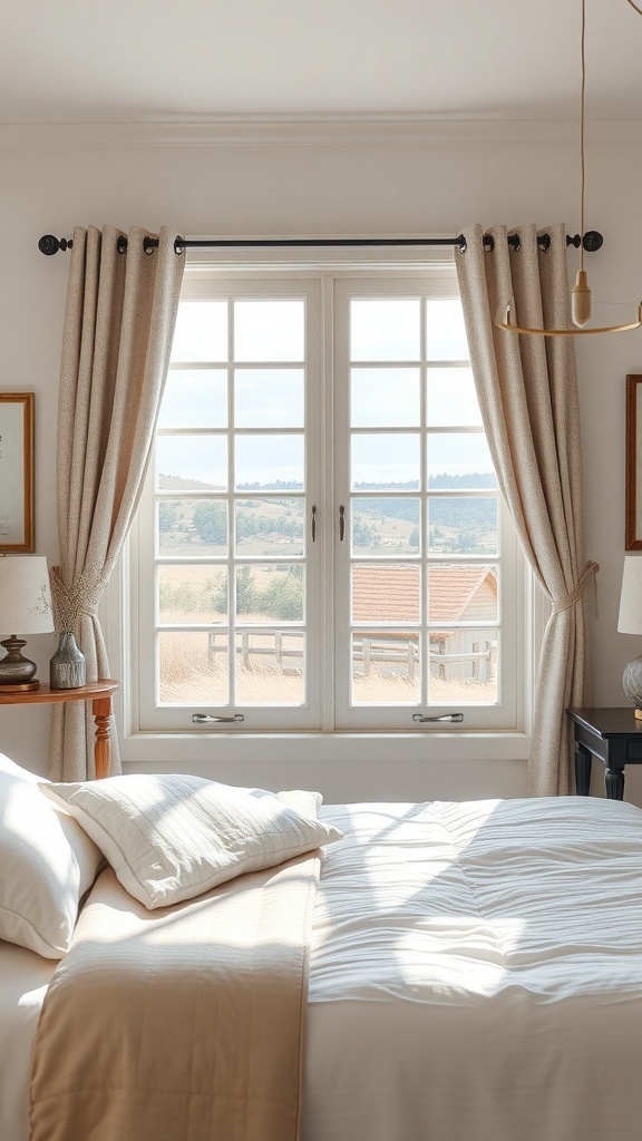 A cozy farmhouse bedroom with soft curtains framing a window that overlooks a scenic view.