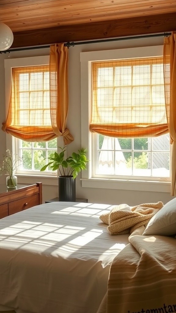 A rustic farmhouse bedroom with warm window treatments and natural light