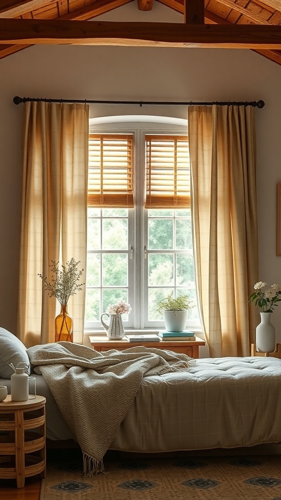 A rustic farmhouse bedroom featuring soft beige curtains and wooden blinds, with a cozy bed and decorative vases on the windowsill.