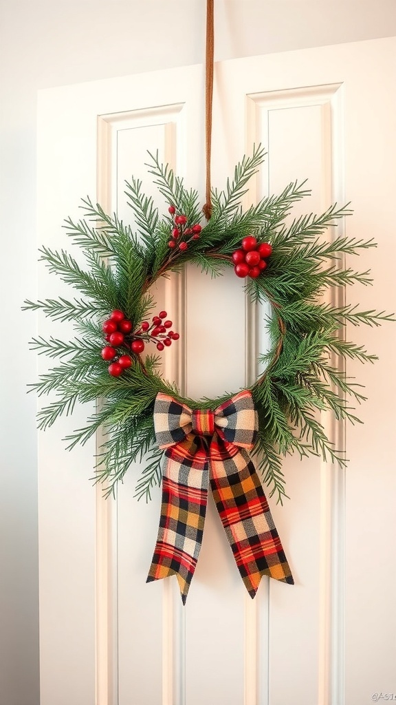 A rustic winter wreath made of evergreen branches and red berries, adorned with a plaid bow, hanging on a door.