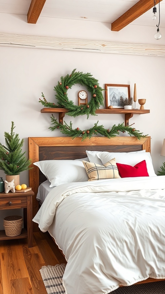 A cozy bedroom decorated with rustic wood accents and Christmas decor.