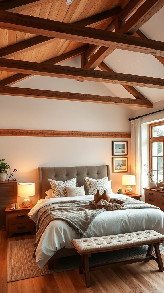 A modern farmhouse bedroom featuring rustic wood accents with exposed beams, wooden furniture, and soft bedding.