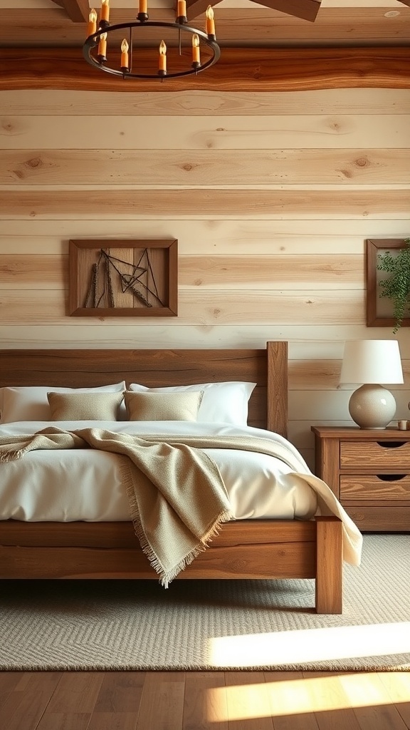 A rustic farmhouse bedroom featuring a wooden bed frame, soft white bedding, and wooden paneling on the walls.