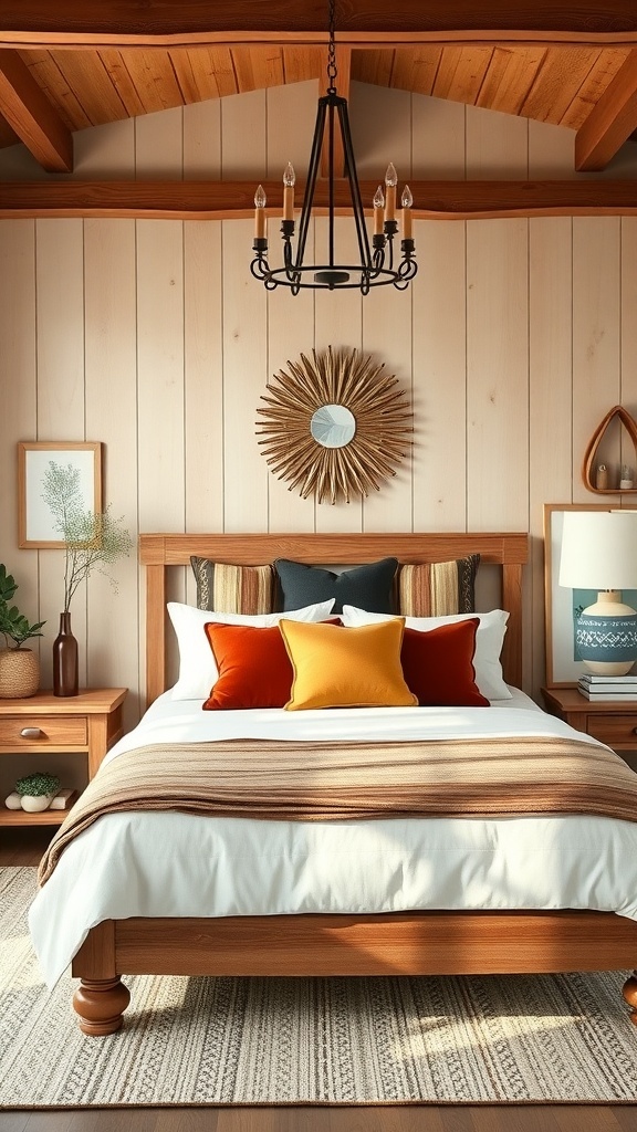 A cozy boho farmhouse bedroom featuring a wooden bed frame, colorful pillows, and rustic decor.