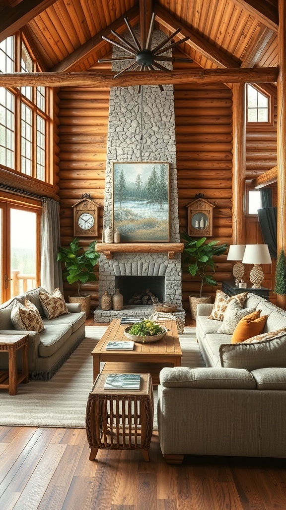 Cozy cabin living room with rustic wood accents, stone fireplace, and comfortable seating.