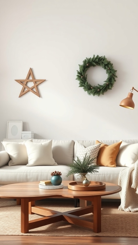 Cozy living room with rustic wood accents, featuring a wooden coffee table, a wreath, and a star on the wall.