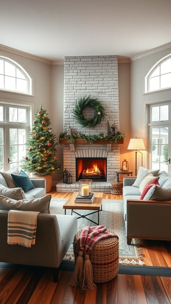 Cozy Christmas living room with rustic wood accents and festive decorations.