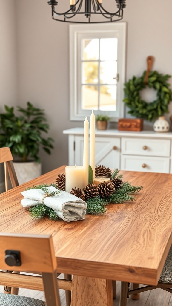 A rustic wooden table with candles, pinecones, and greenery, creating a cozy winter decor.
